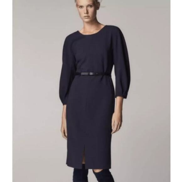 NWT Massimo Dutti Women's Navy Midi Dress Size 6 Puff Sleeve Old Money Workwear - Picture 1 of 12
